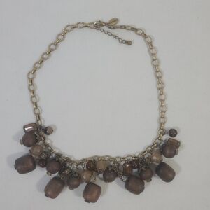 Express Gold-Tone Round Rectangular Brown Wooden Glass Dangle Beaded Necklace